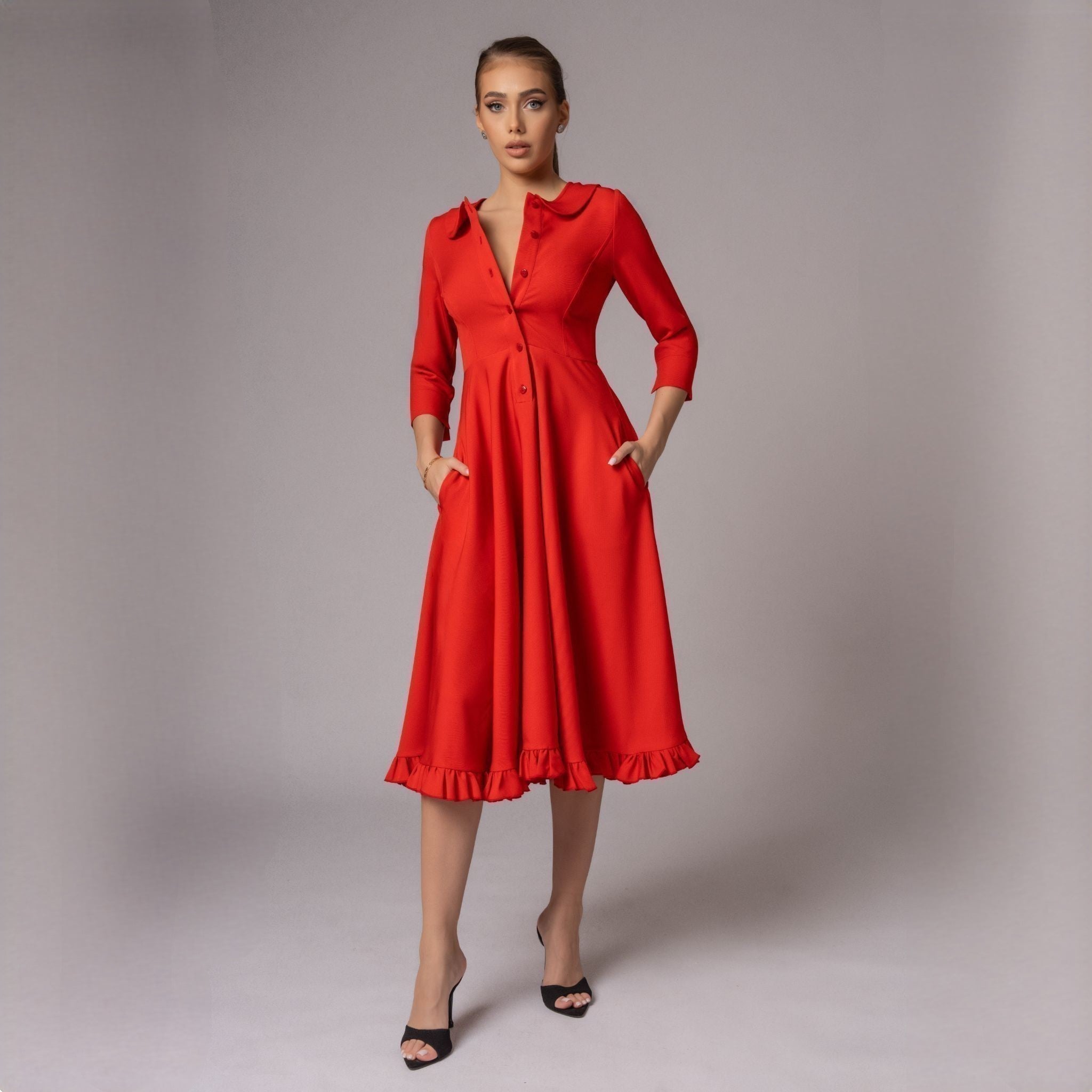 Rochie corai midi cu fusta clos si guler baby Emily