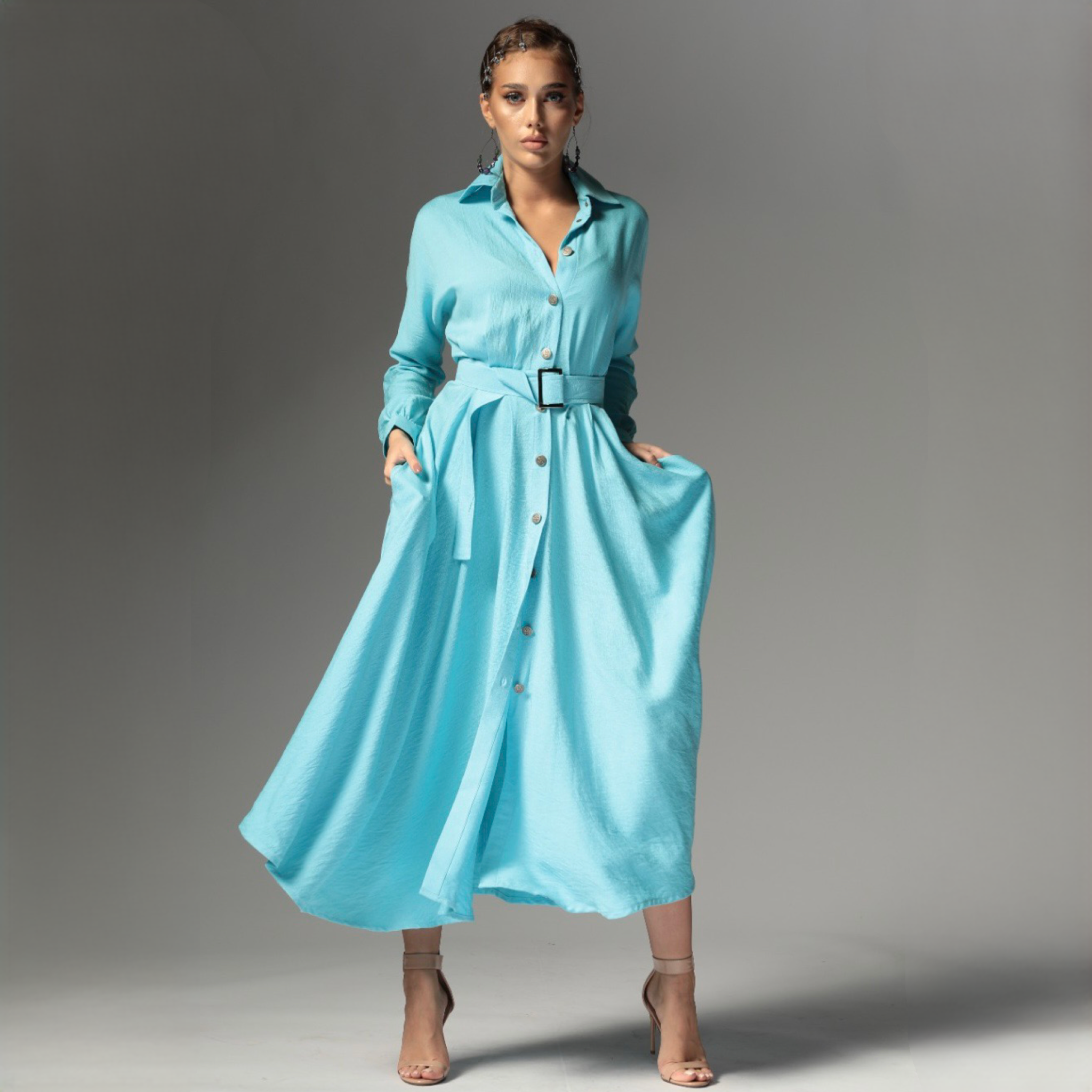 Rochie camasa bleu din in cu nasturi metalici Ingrid Baby Blue