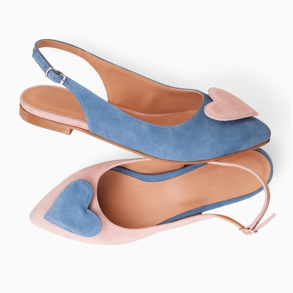 Balerini asimetrici din piele intoarsa bleu cu roz Phoenix