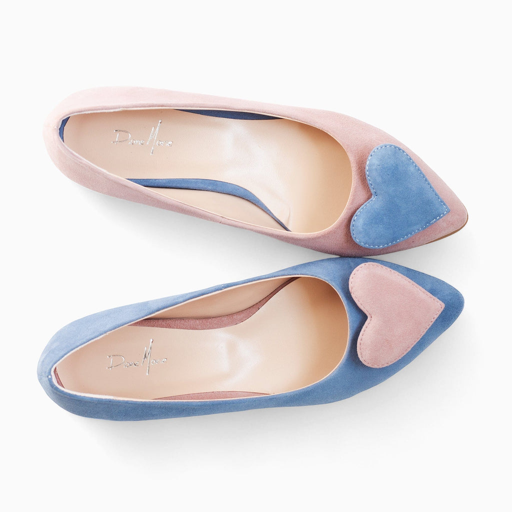Balerini asimetrici din piele intoarsa bleu cu roz Solange