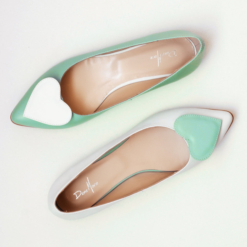 Balerini asimetrici din piele naturala alb cu menta Olive