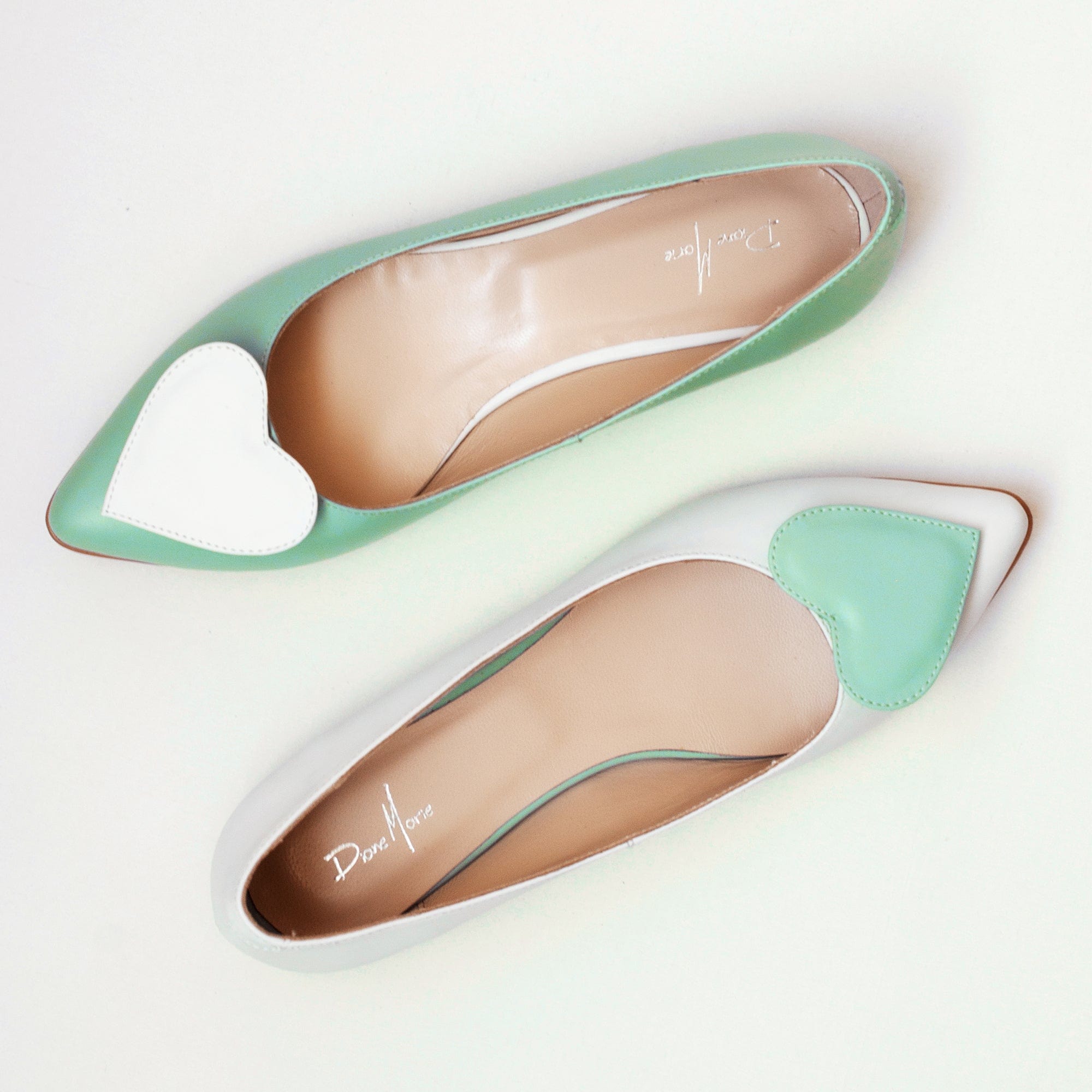 Balerini asimetrici din piele naturala alb cu menta Olive