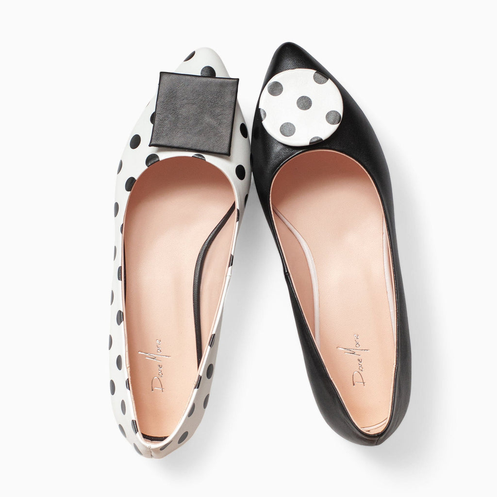 Balerini asimetrici din piele naturala alb cu negru Aiko