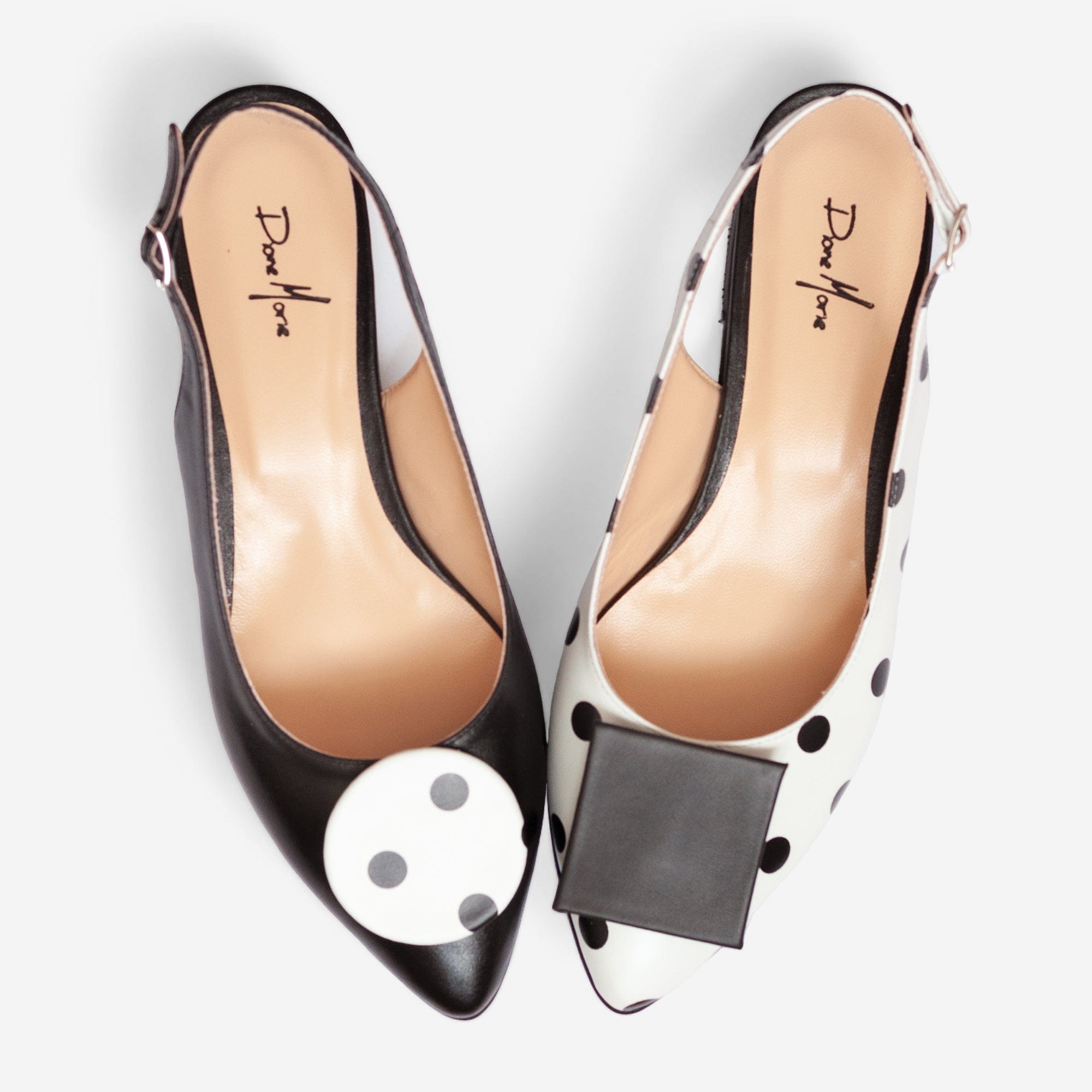 Balerini asimetrici din piele naturala alb cu negru Joy