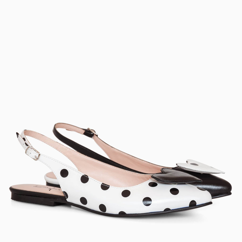 Balerini asimetrici din piele naturala alb cu negru Mika