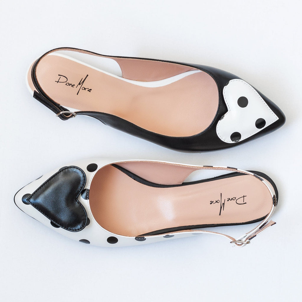 Balerini asimetrici din piele naturala alb cu negru Mika