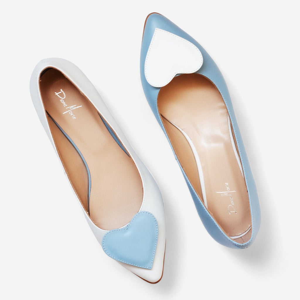 Balerini asimetrici din piele naturala bleu cu alb Megan