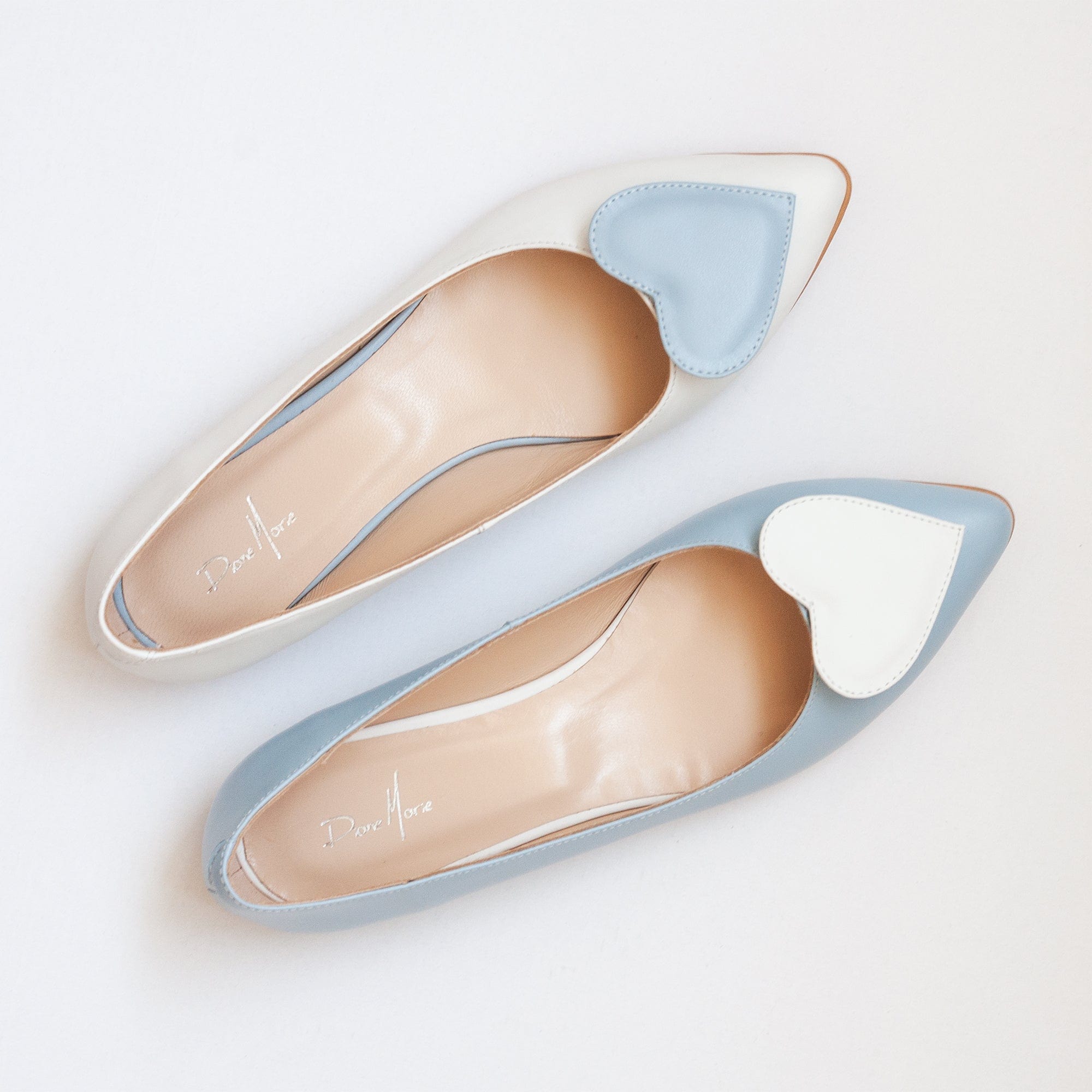 Balerini asimetrici din piele naturala bleu cu alb Megan