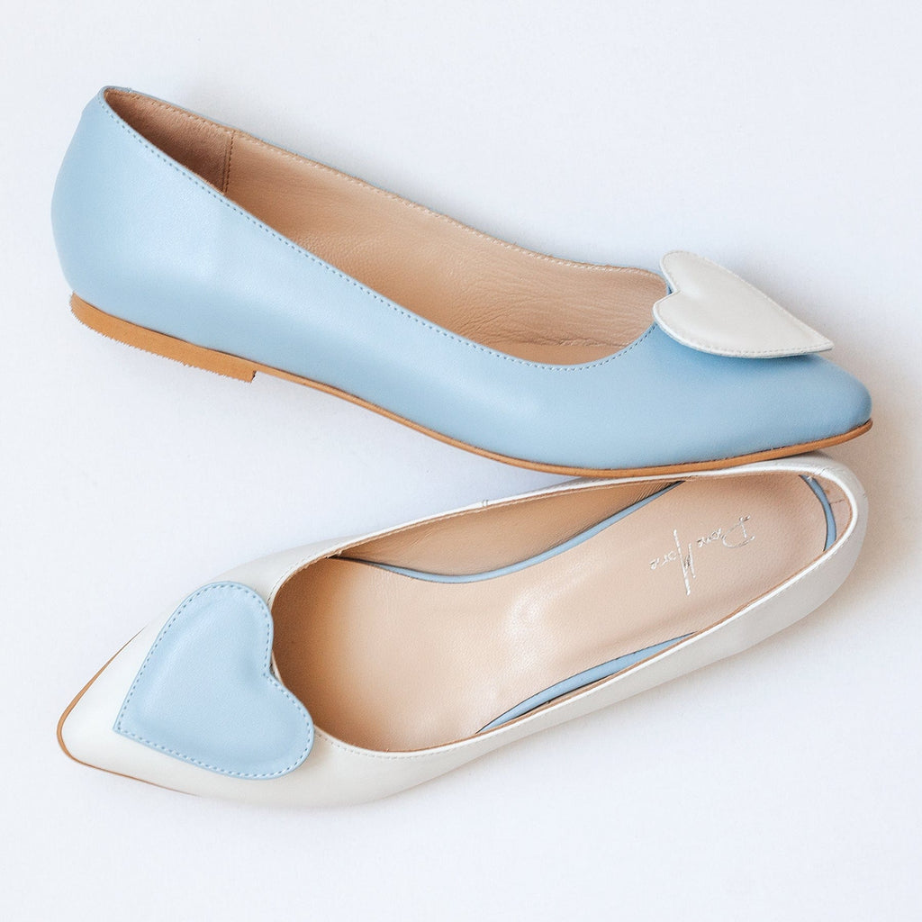 Balerini asimetrici din piele naturala bleu cu alb Megan