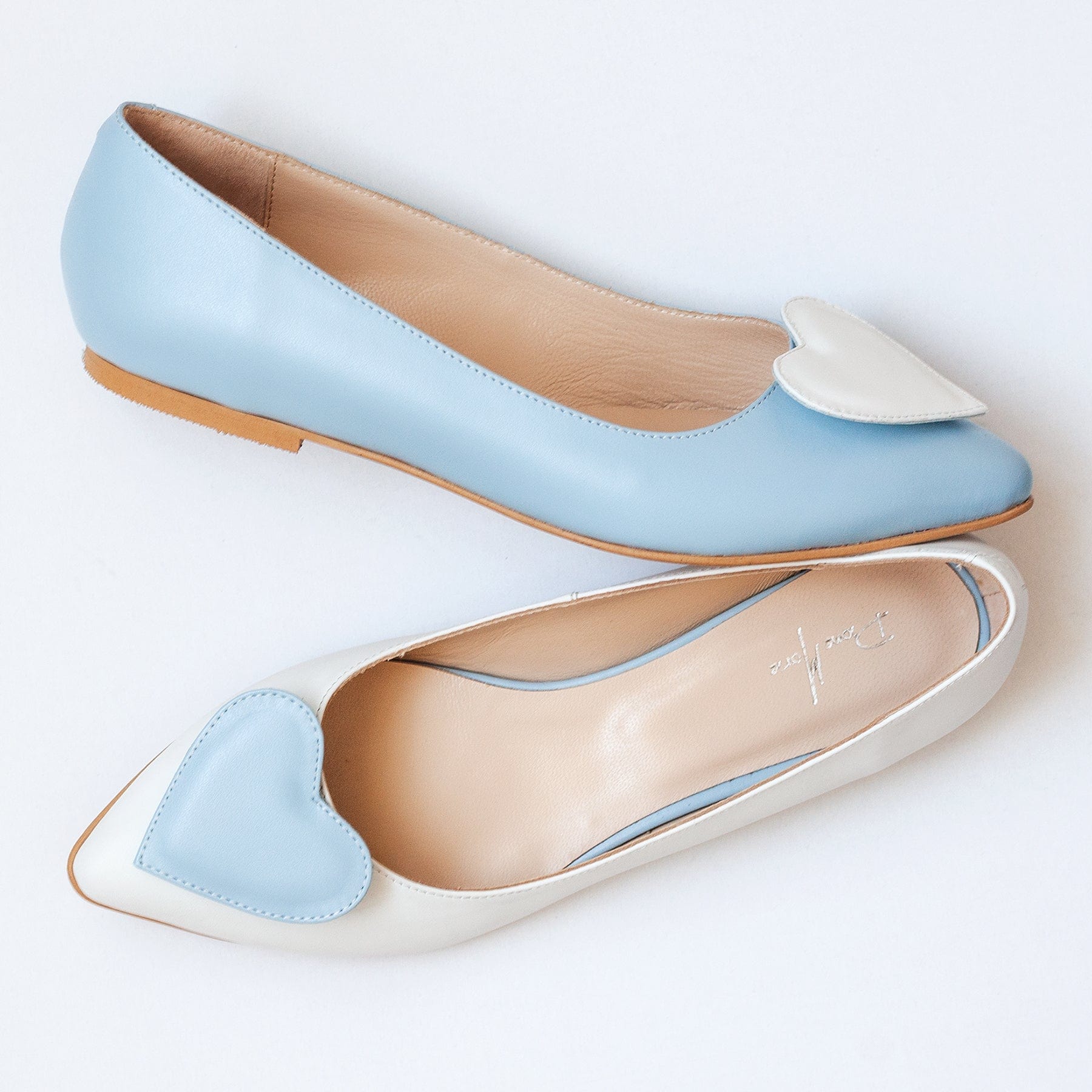 Balerini asimetrici din piele naturala bleu cu alb Megan