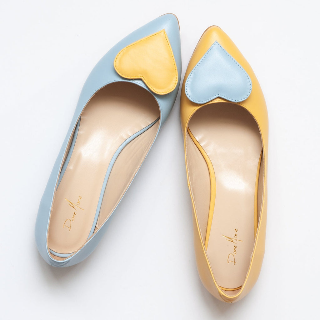 Balerini asimetrici din piele naturala bleu cu galben Chiara