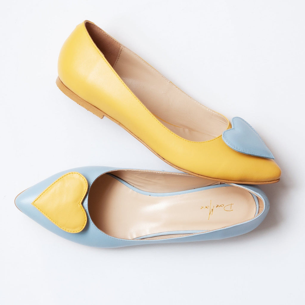 Balerini asimetrici din piele naturala bleu cu galben Chiara