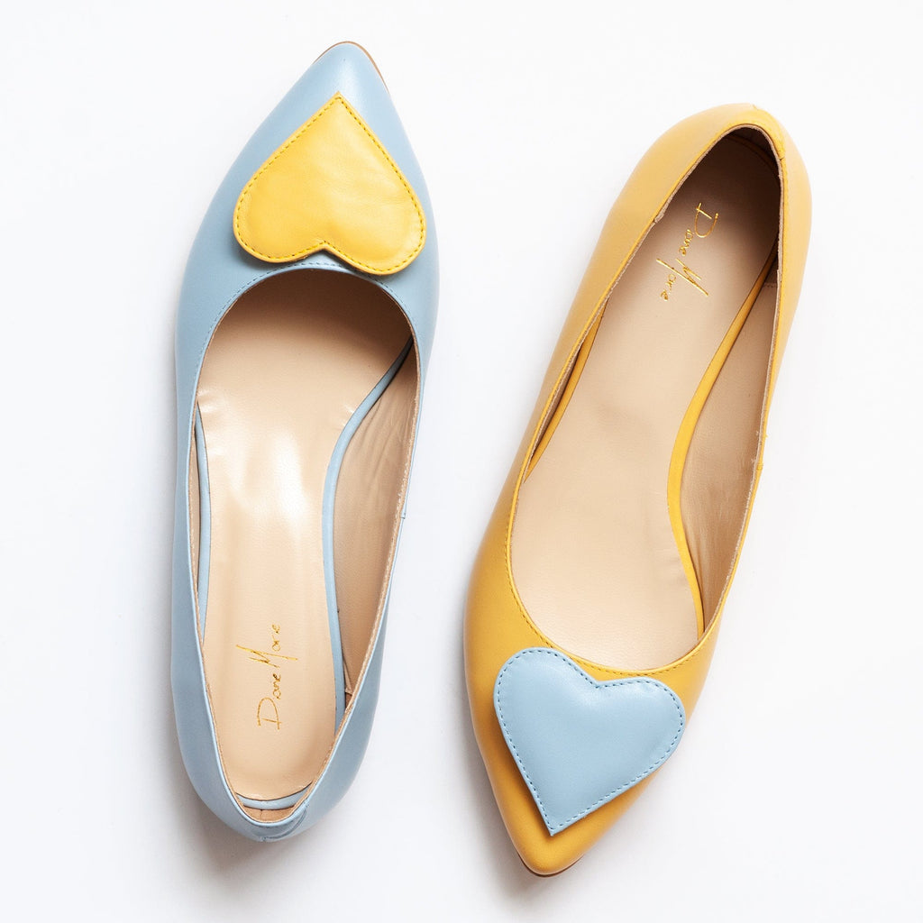 Balerini asimetrici din piele naturala bleu cu galben Chiara