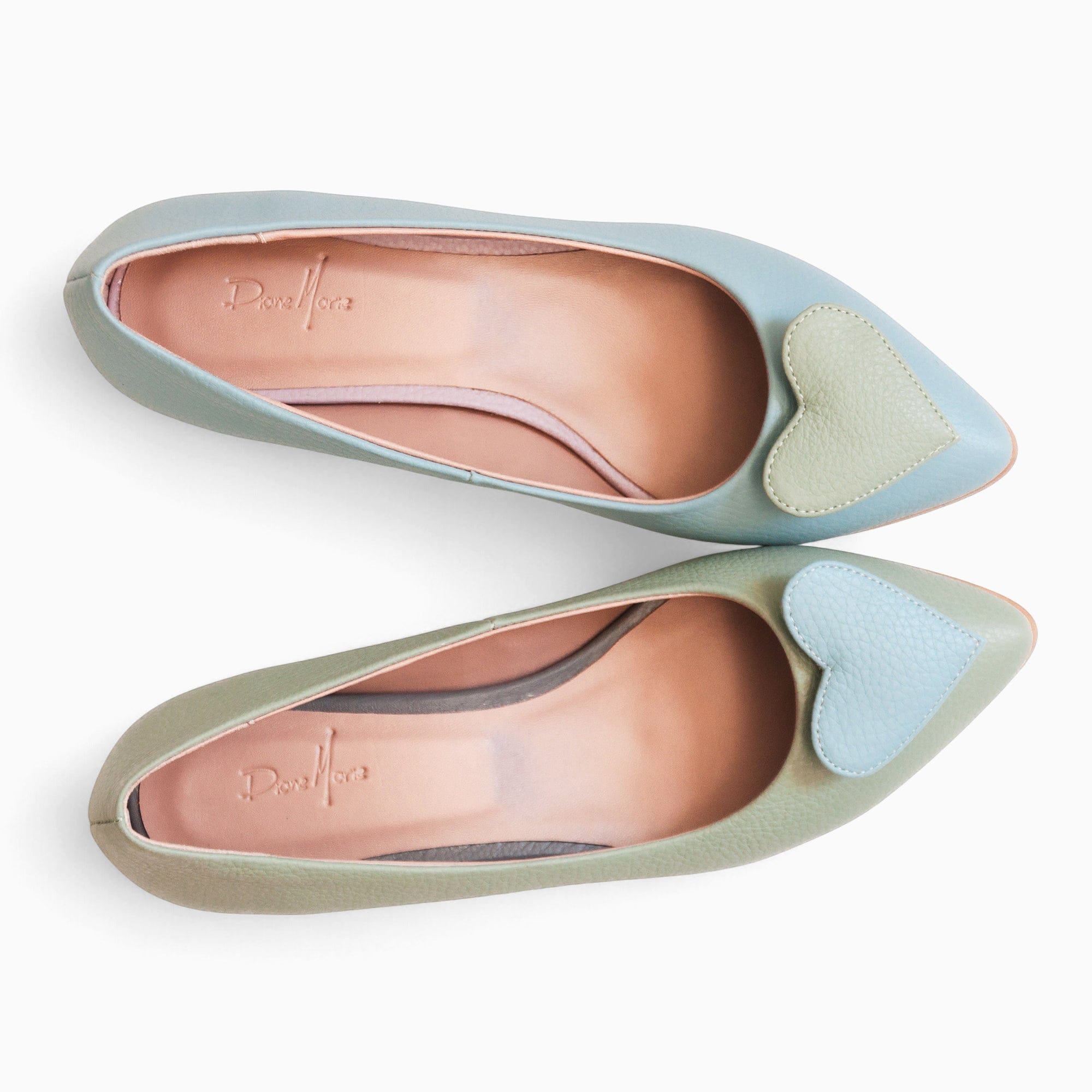 Balerini asimetrici din piele naturala bleu cu vernil Kira