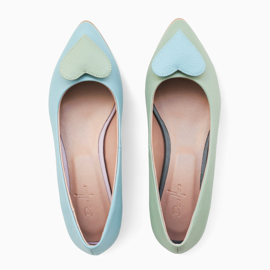 Balerini asimetrici din piele naturala bleu cu vernil Kira