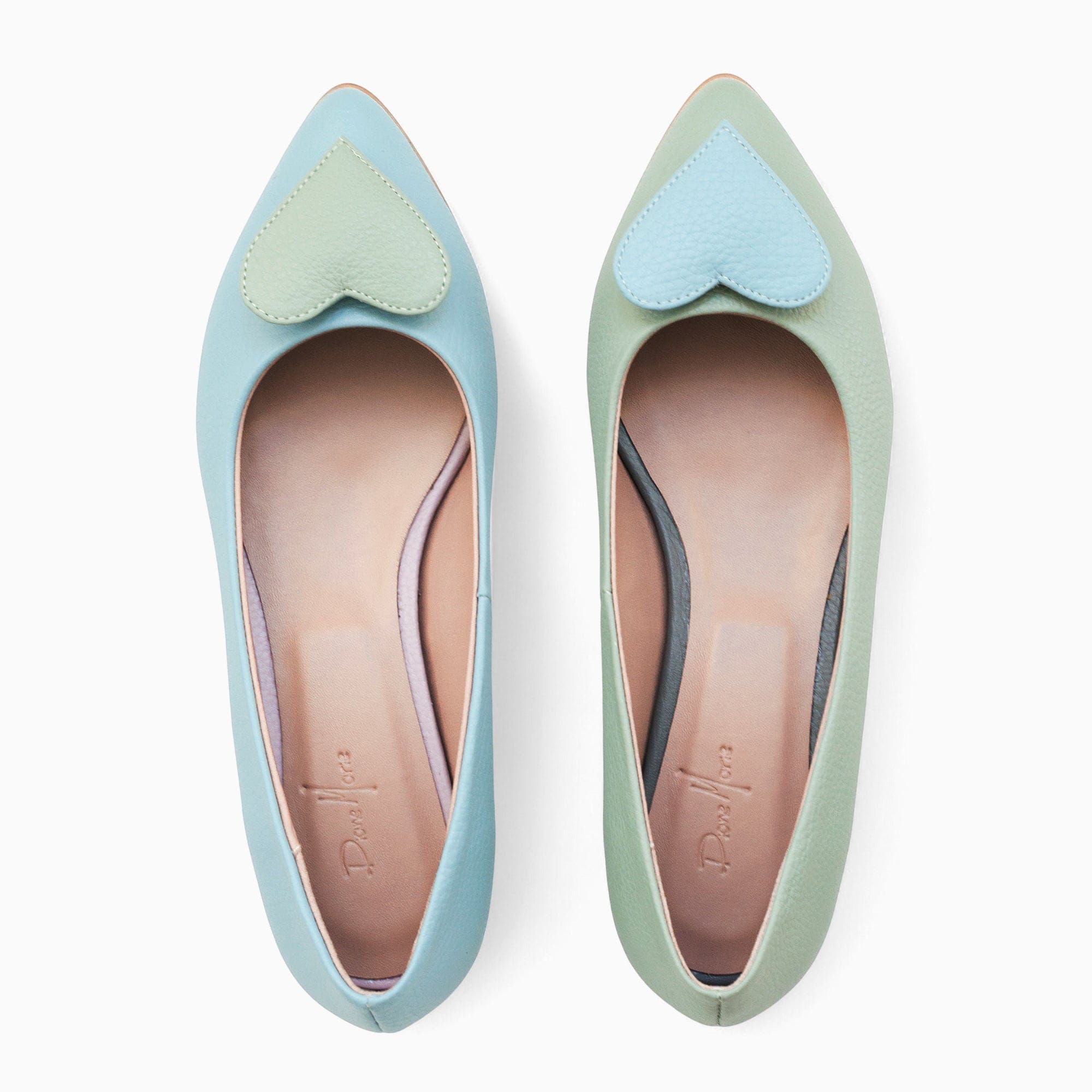 Balerini asimetrici din piele naturala bleu cu vernil Kira