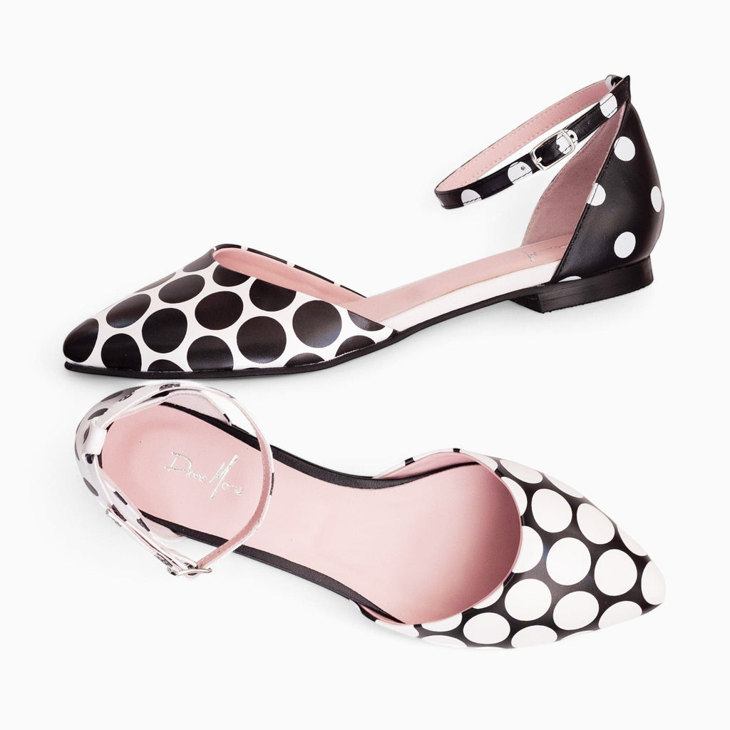 Balerini asimetrici din piele naturala cu picouri alb negru Layla