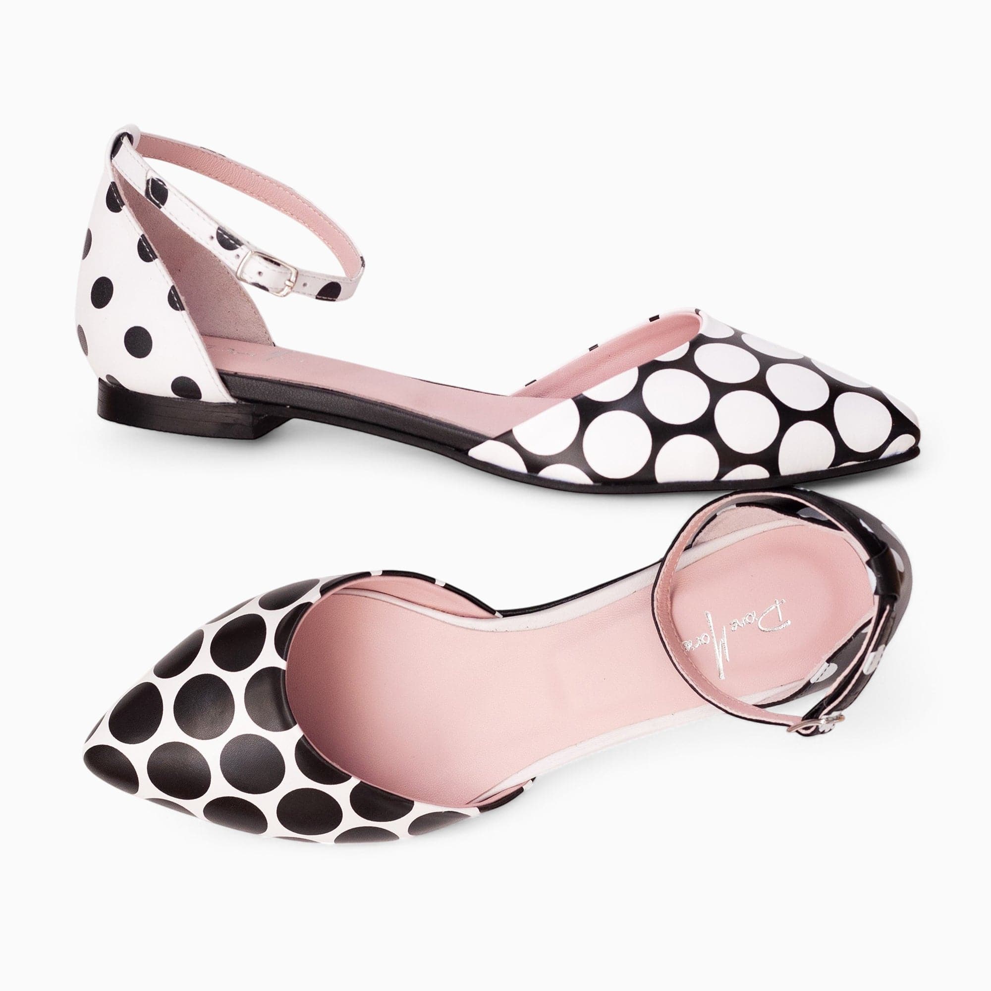 Balerini asimetrici din piele naturala cu picouri alb negru Layla