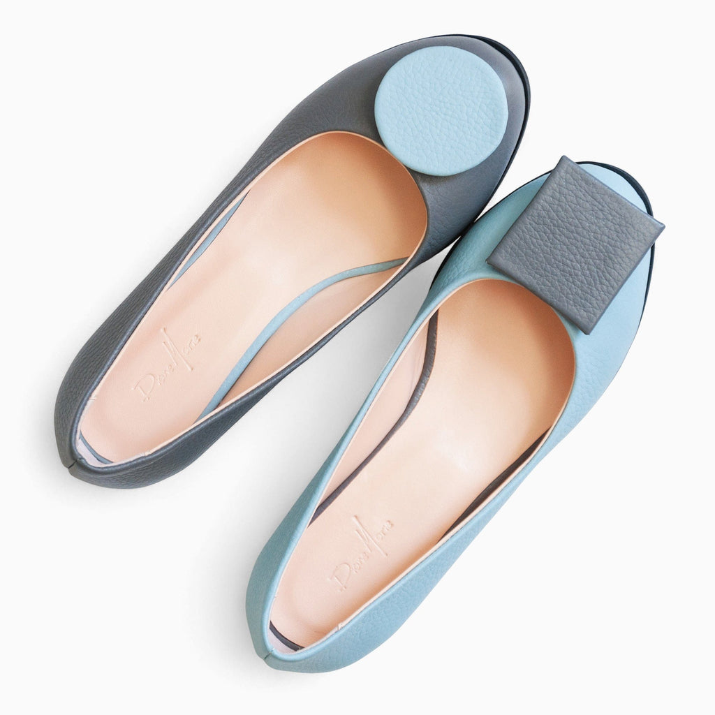 Balerini asimetrici din piele naturala gri cu bleu Emmy