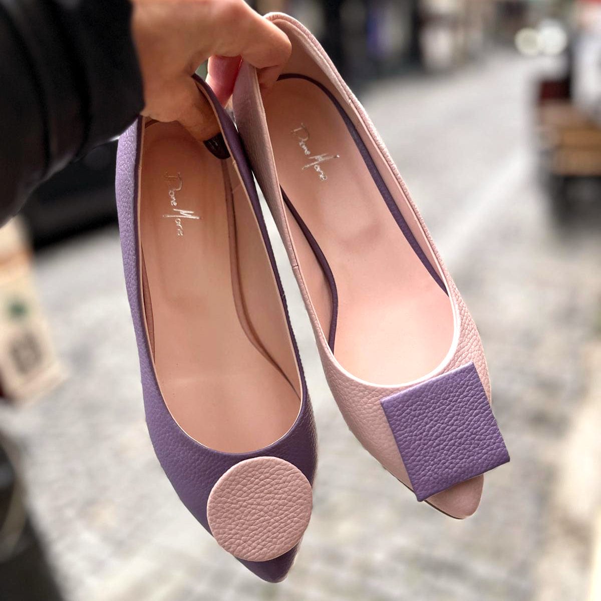 Balerini asimetrici din piele naturala roz cu mov Arizona