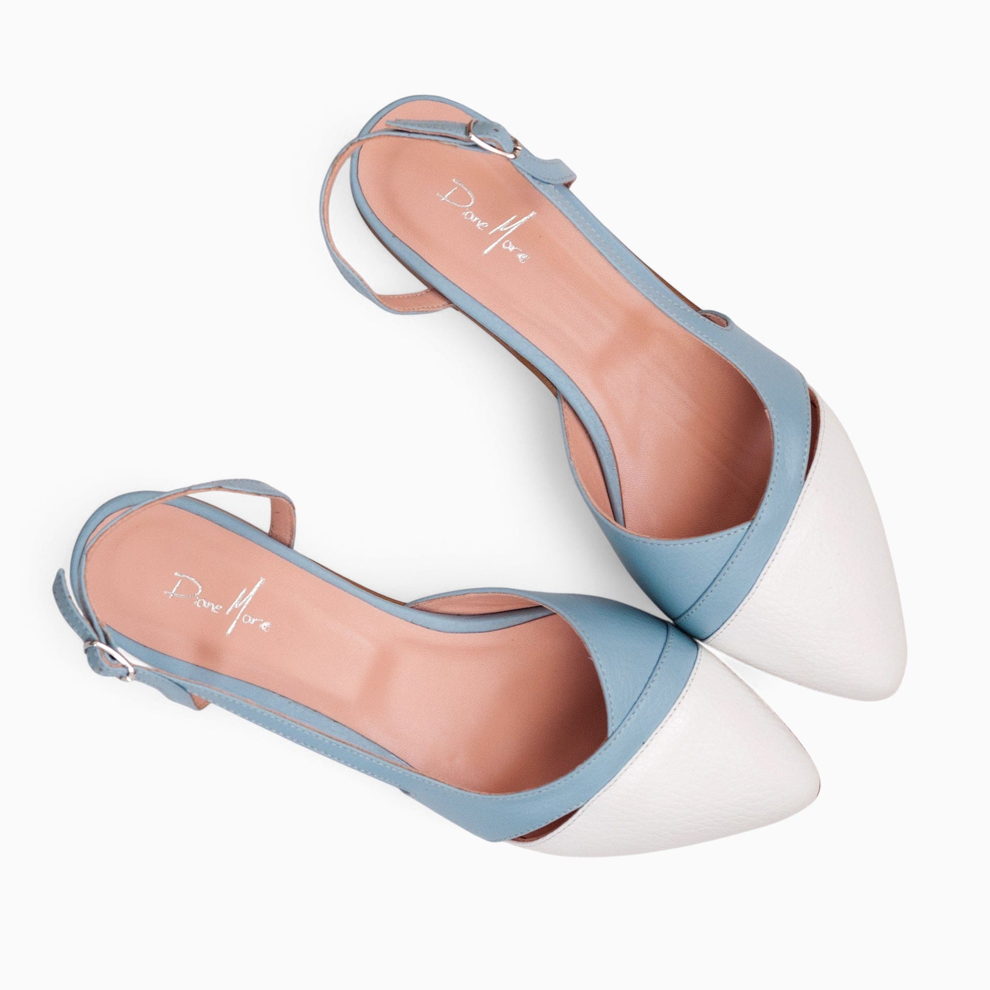 Balerini decupati din piele naturala alb cu bleu Maisie