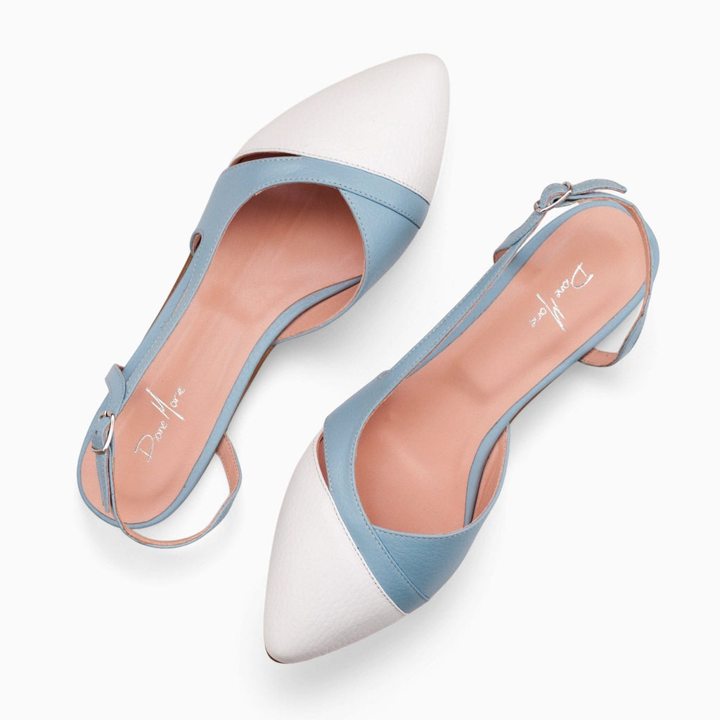 Balerini decupati din piele naturala alb cu bleu Maisie