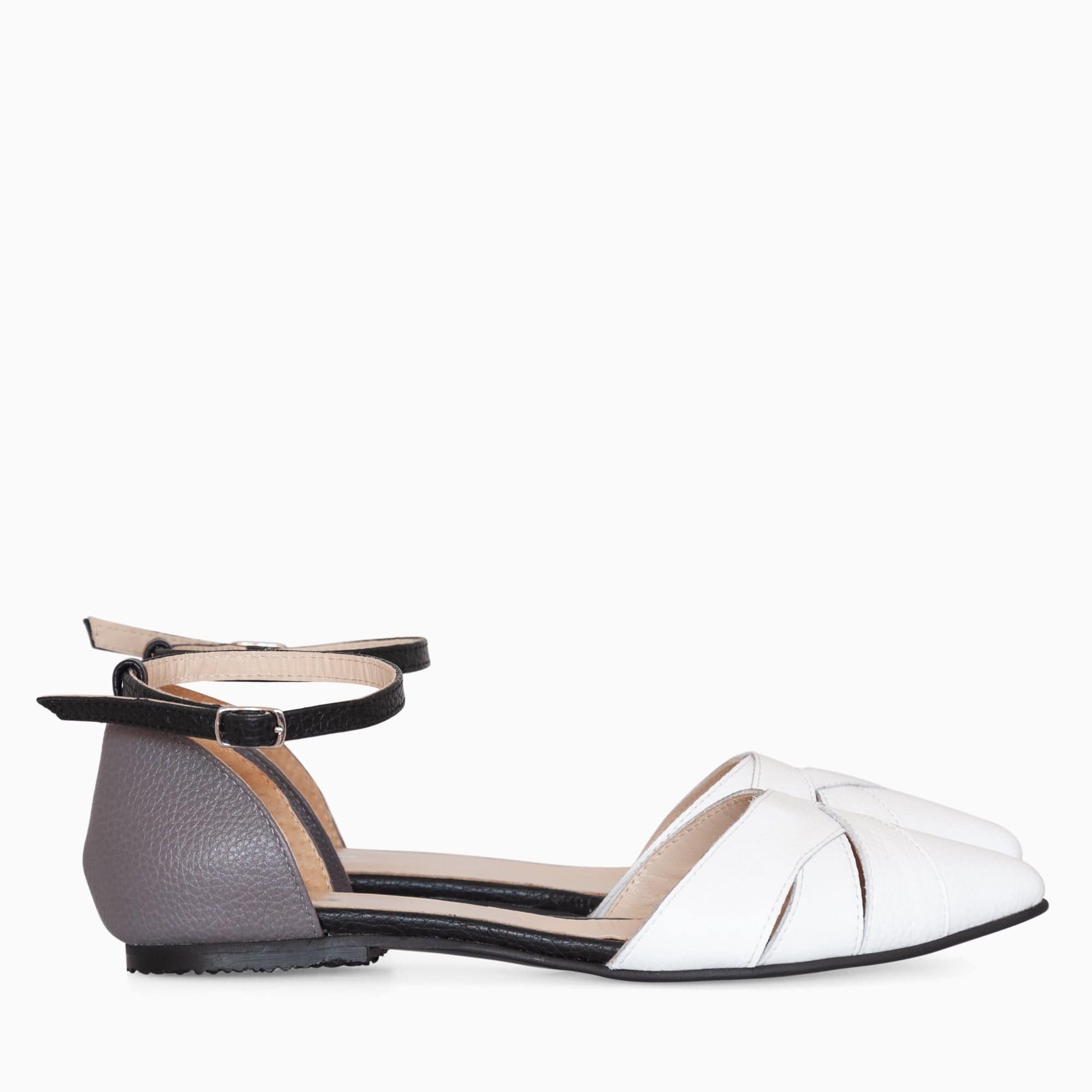 Balerini decupati din piele naturala alb cu negru Jen