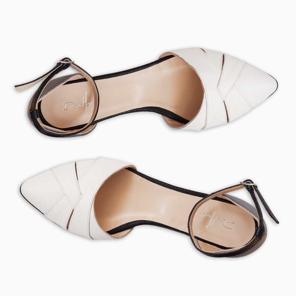 Balerini decupati din piele naturala alb cu negru Jen