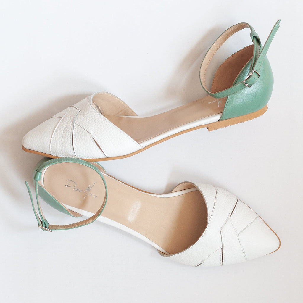 Balerini decupati din piele naturala alb cu vernil Zora