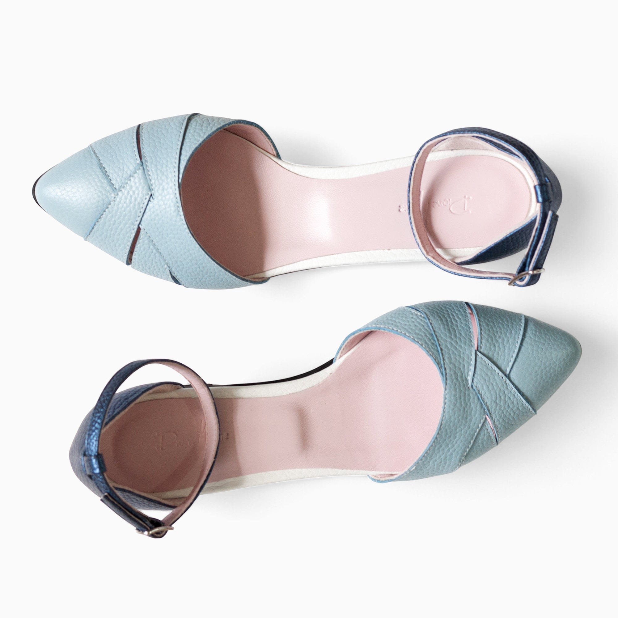 Balerini decupati din piele naturala bleu cu albastru Monaco