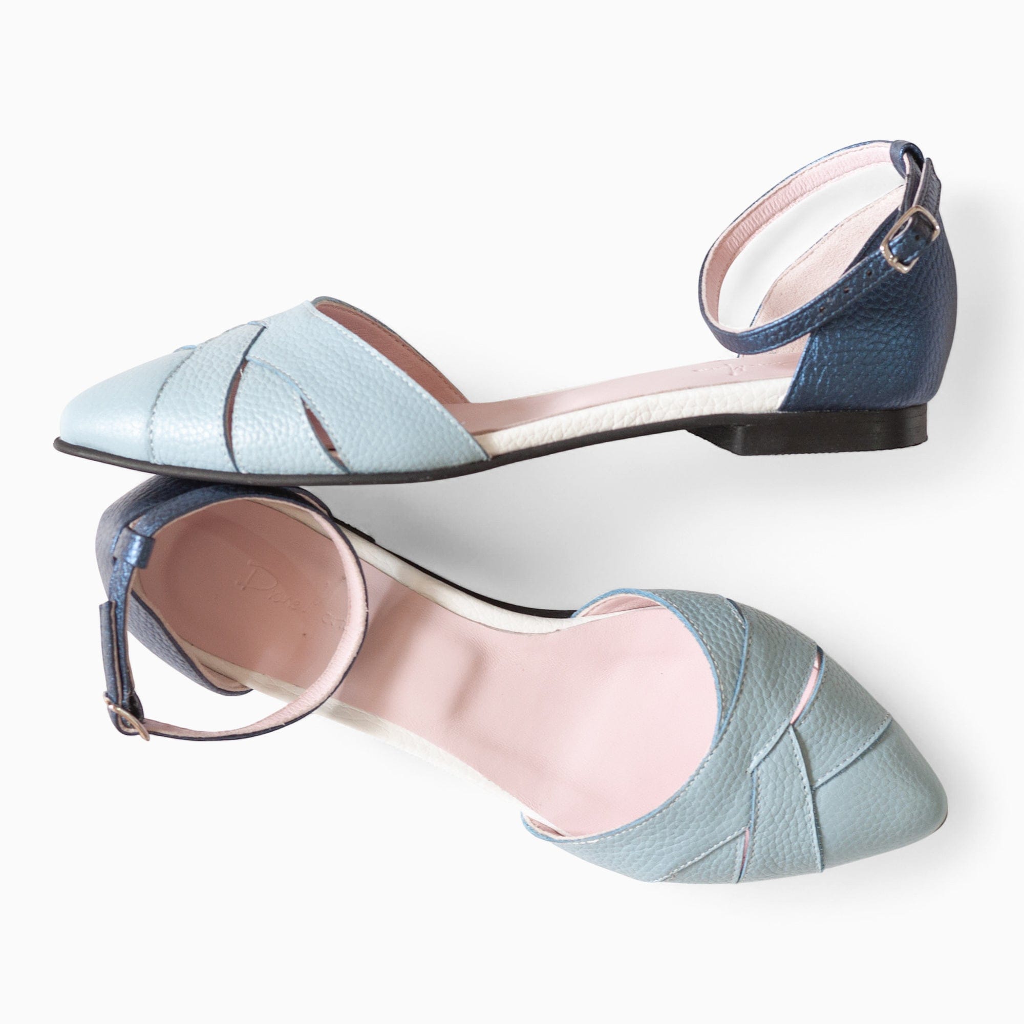 Balerini decupati din piele naturala bleu cu albastru Monaco