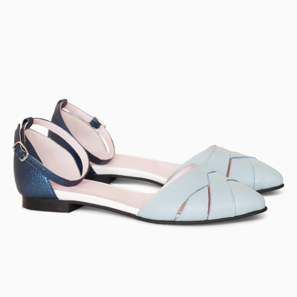 Balerini decupati din piele naturala bleu cu albastru Monaco