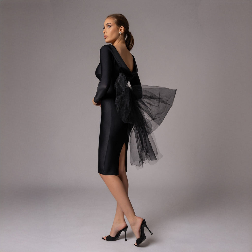 Rochie neagra midi cu funda supradimensionata din tulle Celine