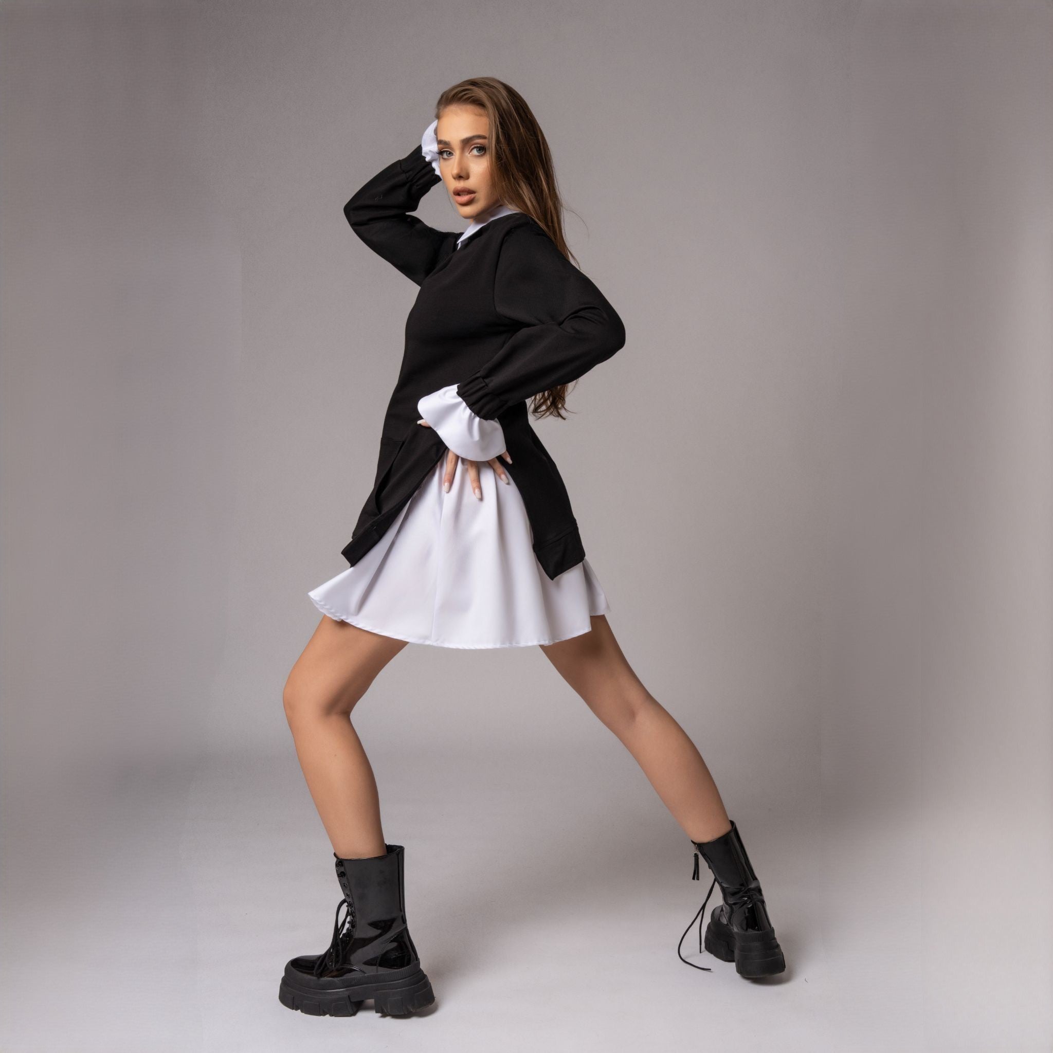 Rochie hanorac cu insertii tip camasa Alb/Negru Retro