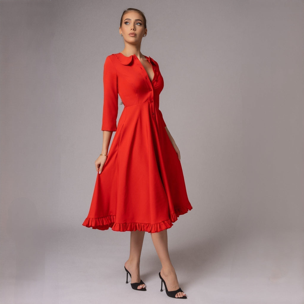 Rochie corai midi cu fusta clos si guler baby Emily