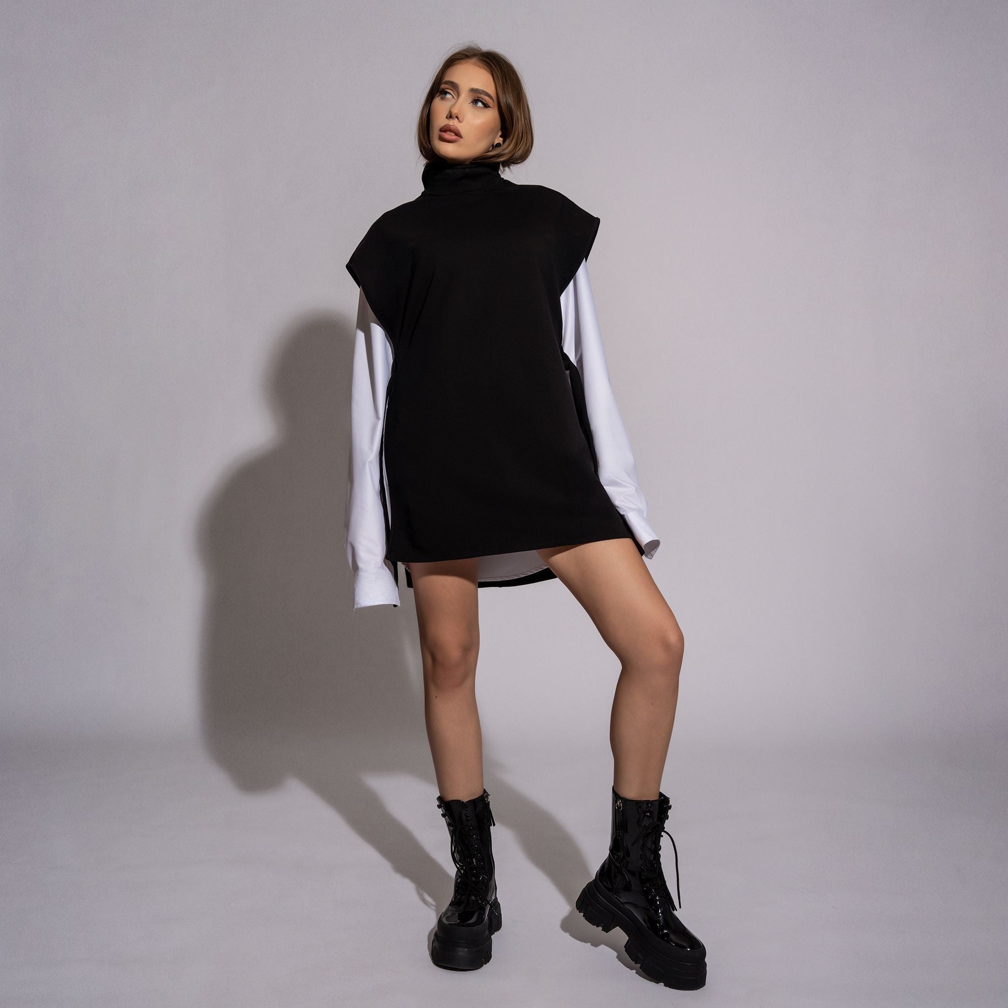 Compleu camasa boyfriend cu vesta alb negru British