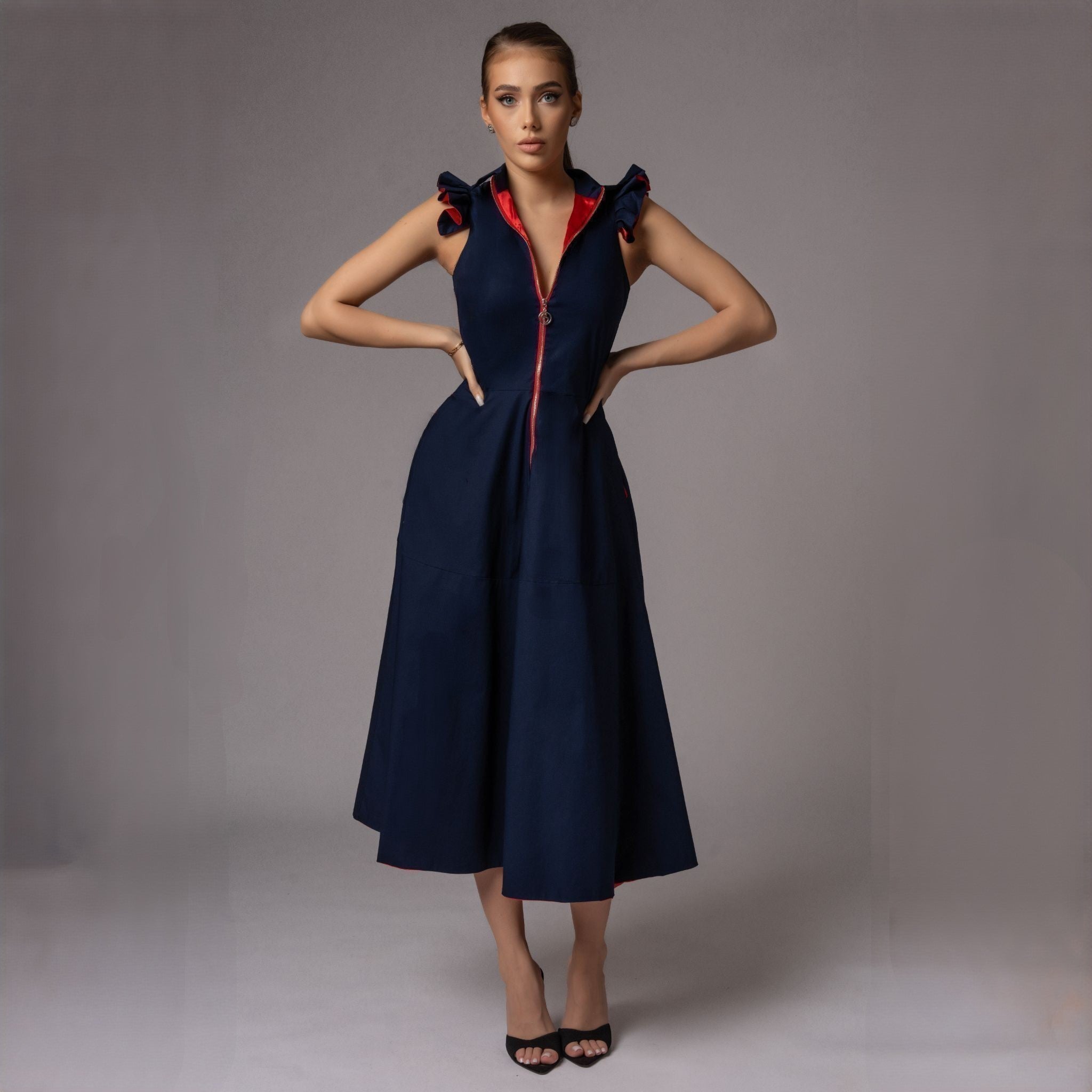 Rochie midi bleumarin din poplin Aime