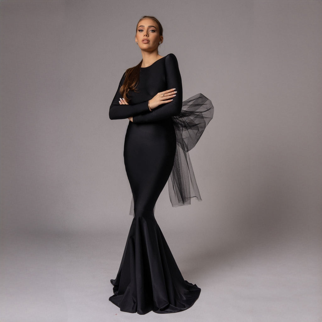 Rochie neagra sirena cu funda supradimensionata din tulle Celine