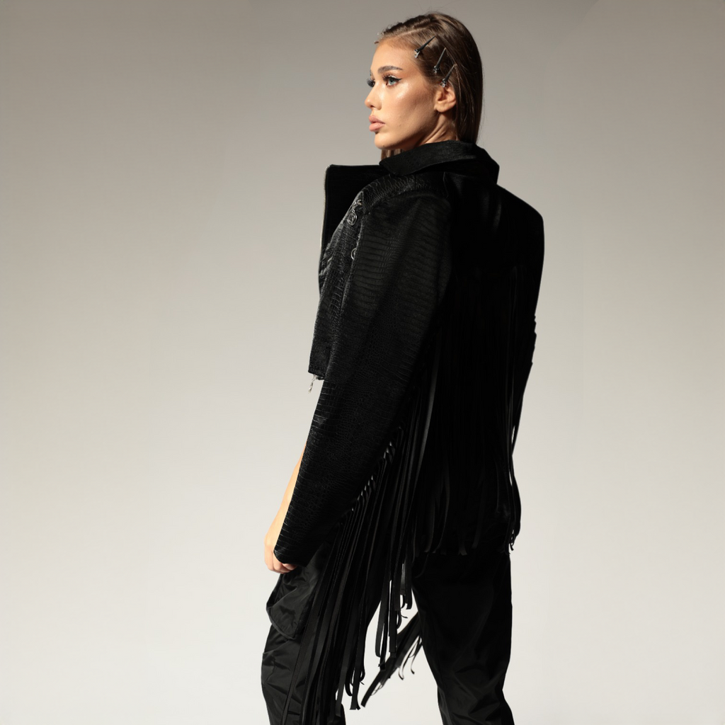 Geaca dama neagra din piele eco cu franjuri Wild West