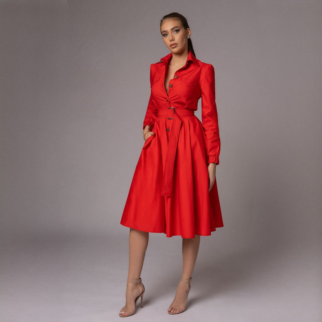 Rochie rosie tip camasa cu fusta midi cu pliuri Diana