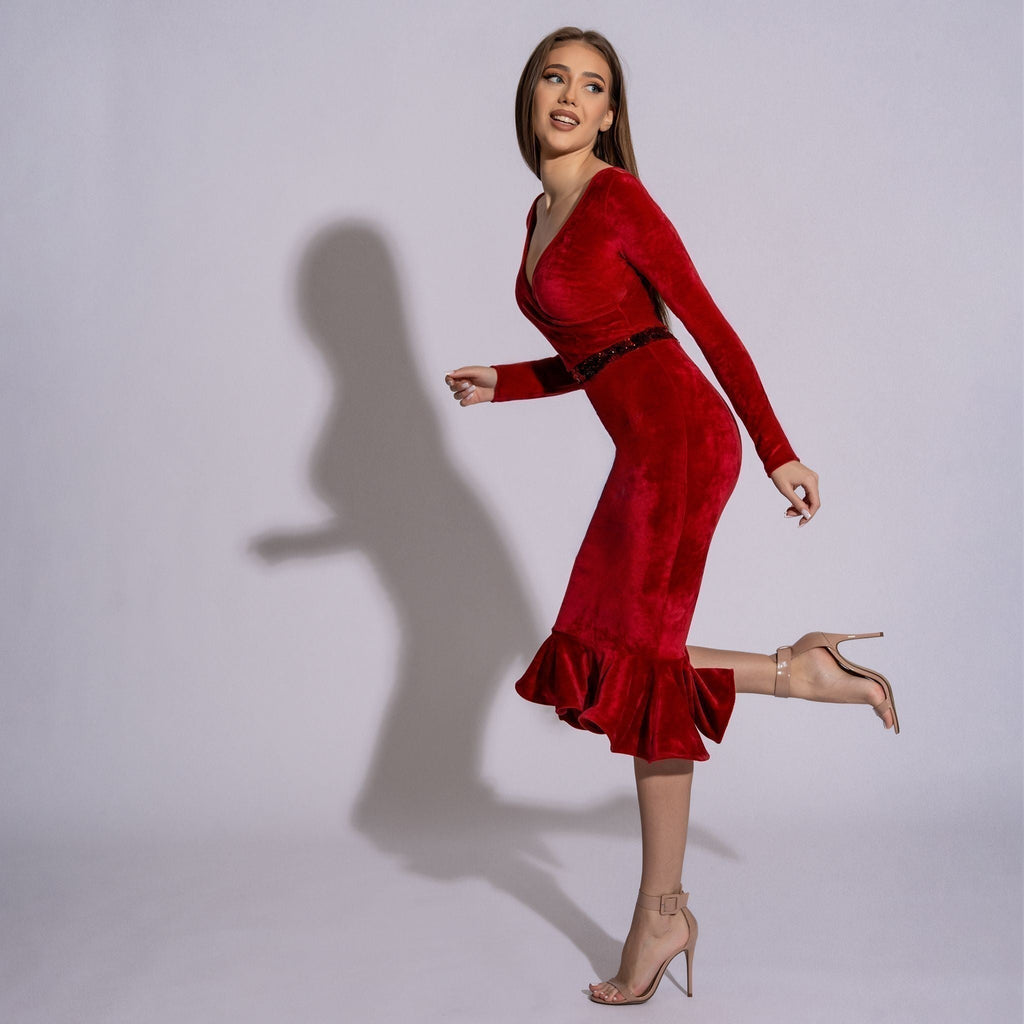 Rochie rosie din catifea cu volan Red Diamond